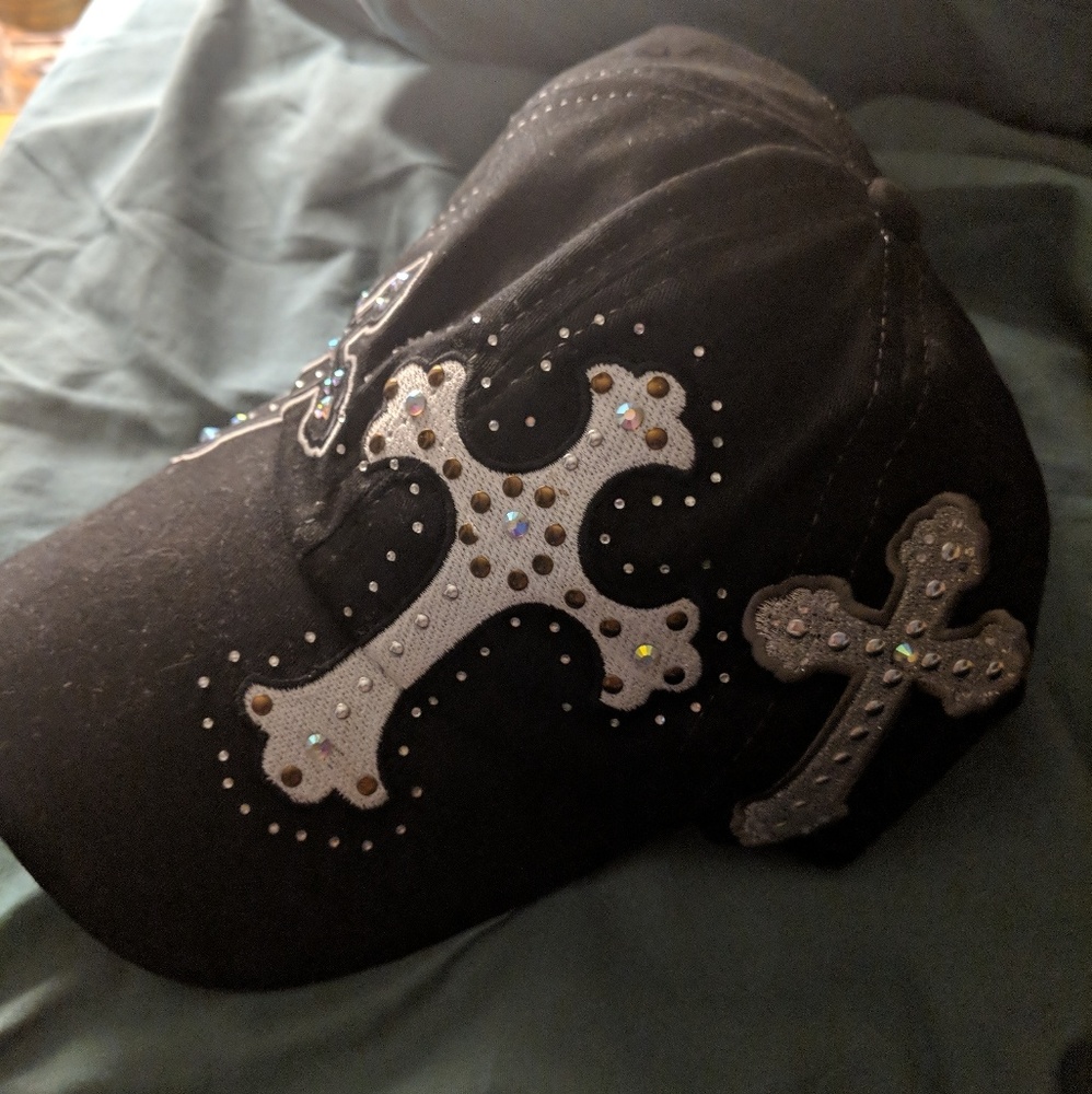 Black velcro back ball cap with bling crosses